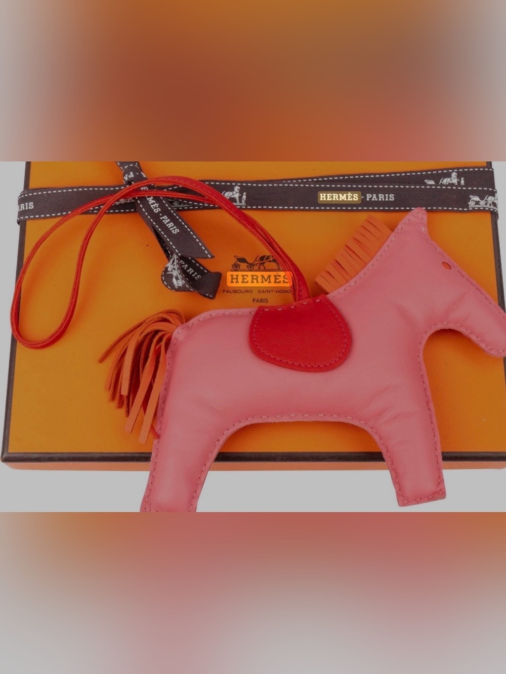 Hermes Rodeo Horse Pony Bag Charm Rose Azalee+Red Saddle+Orange Mane&Tail.
